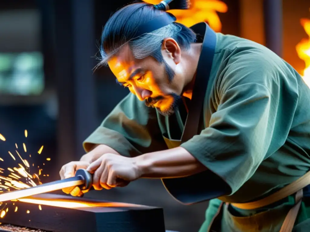 Un maestro espadero japonés forja con precisión una espada samurái