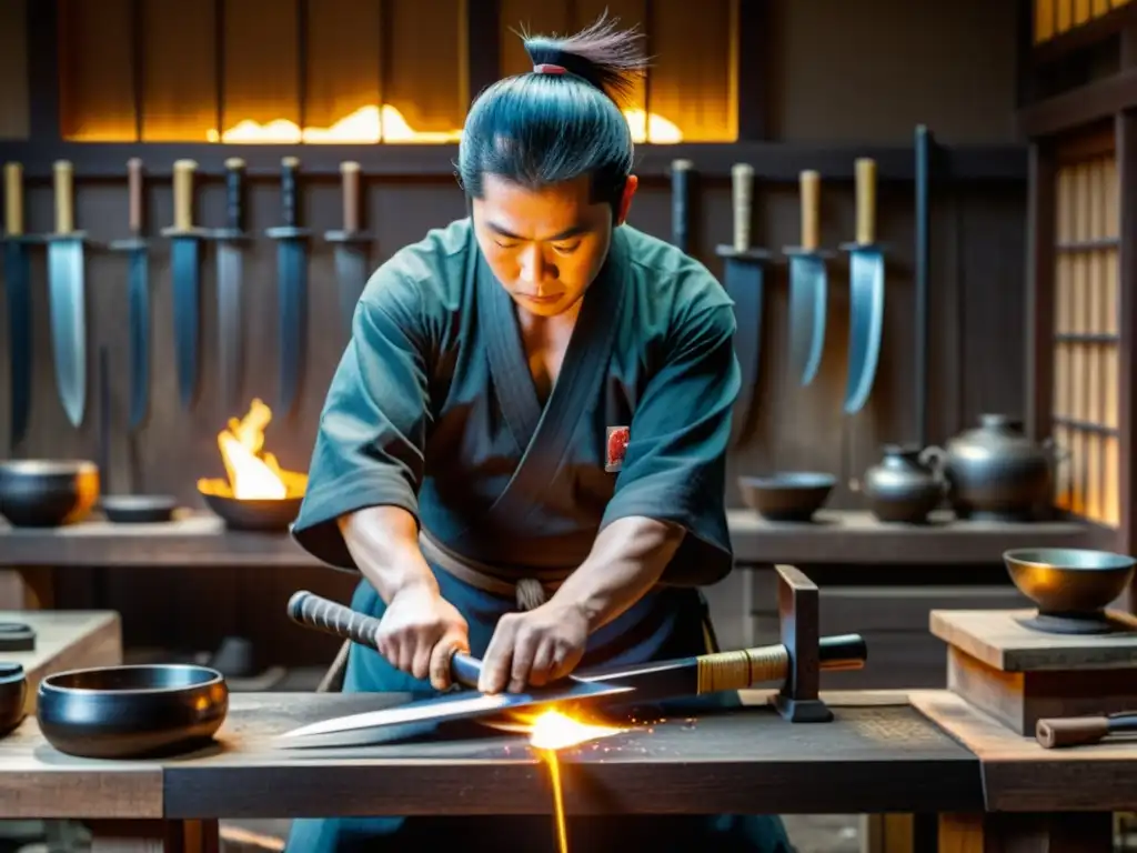 Un maestro espadero forja con maestría una katana al rojo vivo en su taller, destacando el arte de forjar espadas samurái