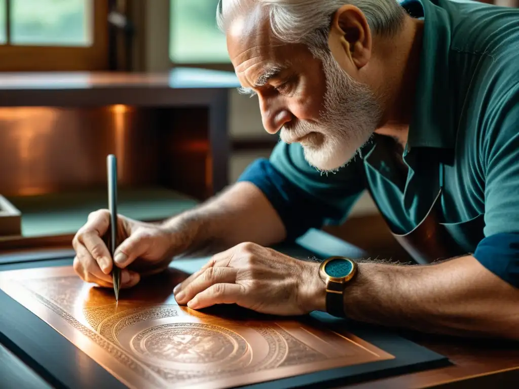 Maestro grabador creando una escena histórica detallada en una placa de cobre, destacando la artesanía meticulosa del proceso de grabado