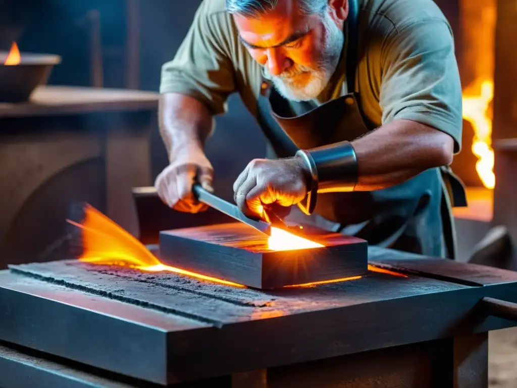 Un maestro herrero forja con cuidado el acero de Damasco, creando un arte de la espada damasco con destreza y pasión en su taller iluminado por el resplandor de la fragua