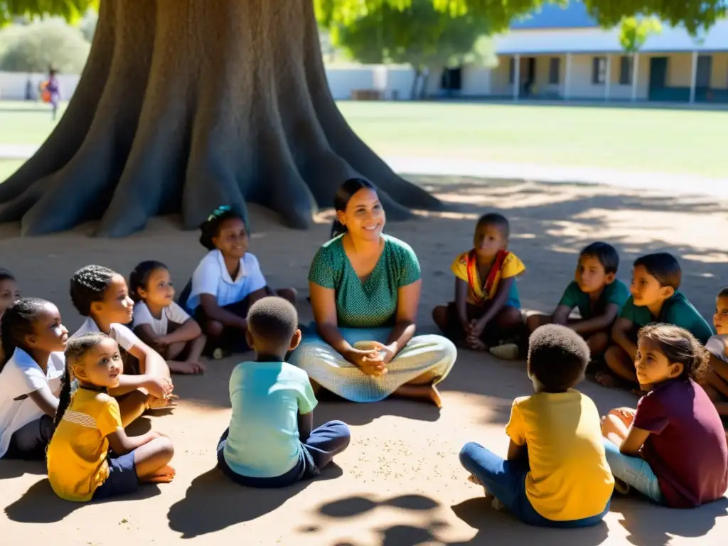 Un maestro indígena enseña estrategias a niños bajo un árbol