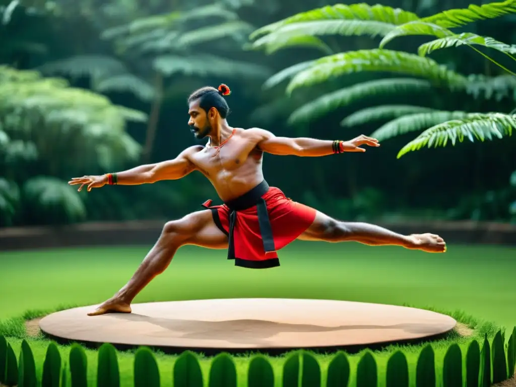 Un maestro de Kalaripayattu realiza movimientos dinámicos y precisos en un entorno tradicional, rodeado de exuberante vegetación