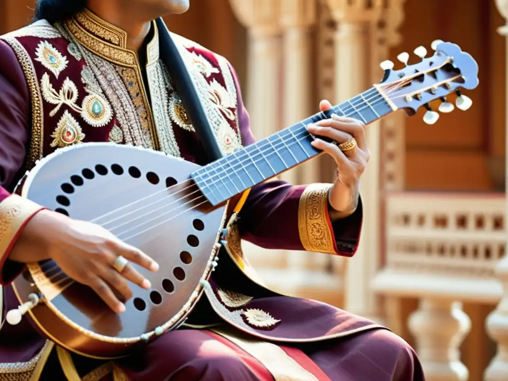 Un maestro músico toca una sitar tradicional india, sus dedos se deslizan con gracia sobre las cuerdas