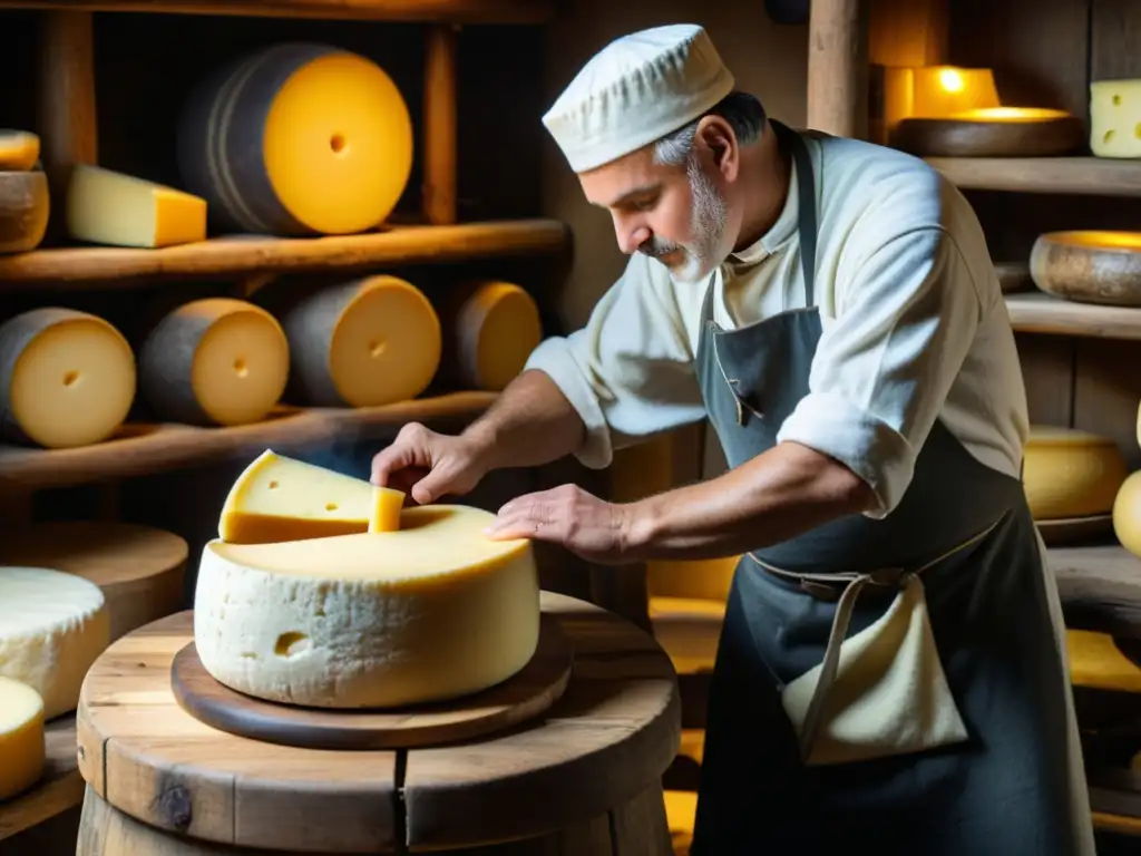 Un maestro quesero elaborando queso en un entorno montañoso europeo, resaltando la diversidad cultural de las queserías del mundo