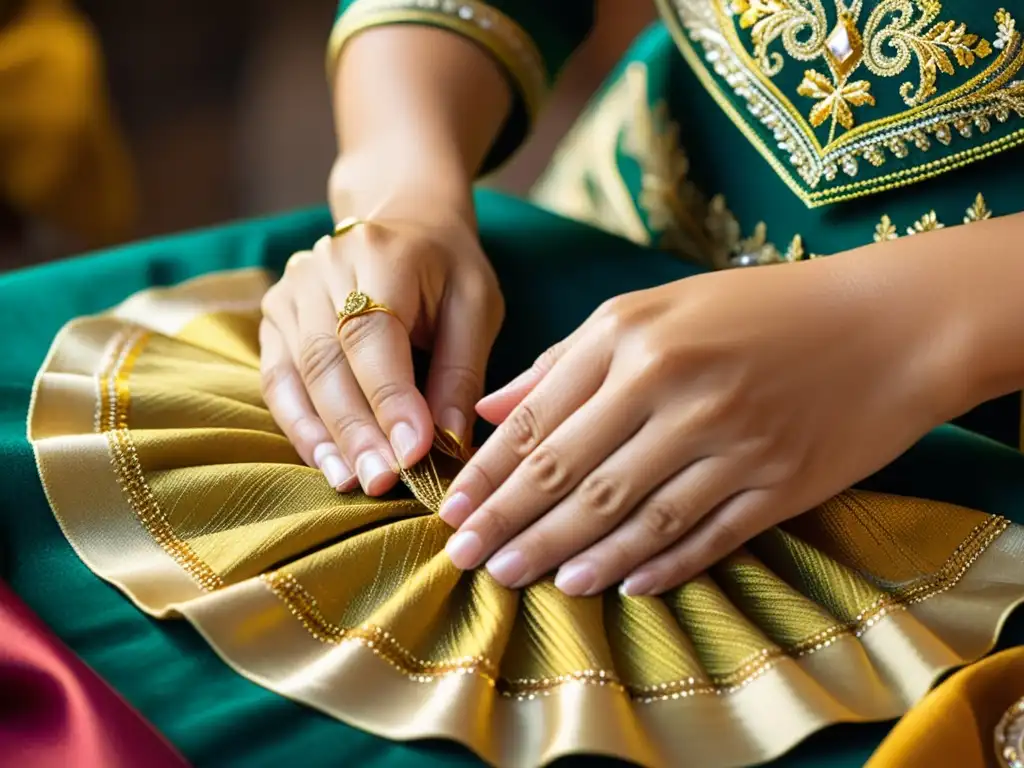 Un maestro sastre cosiendo el tradicional traje de luces con hilos dorados y plateados, reflejando la controversia cultural del traje de luces