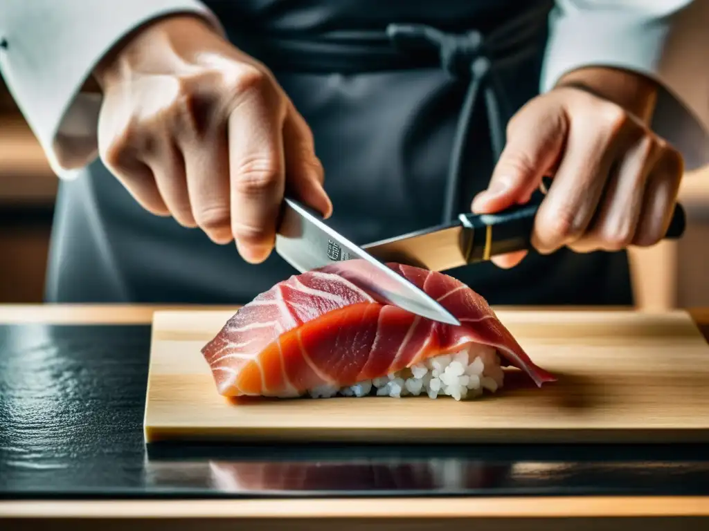 Un maestro sushi corta con precisión un trozo de atún fresco en una atmósfera serena