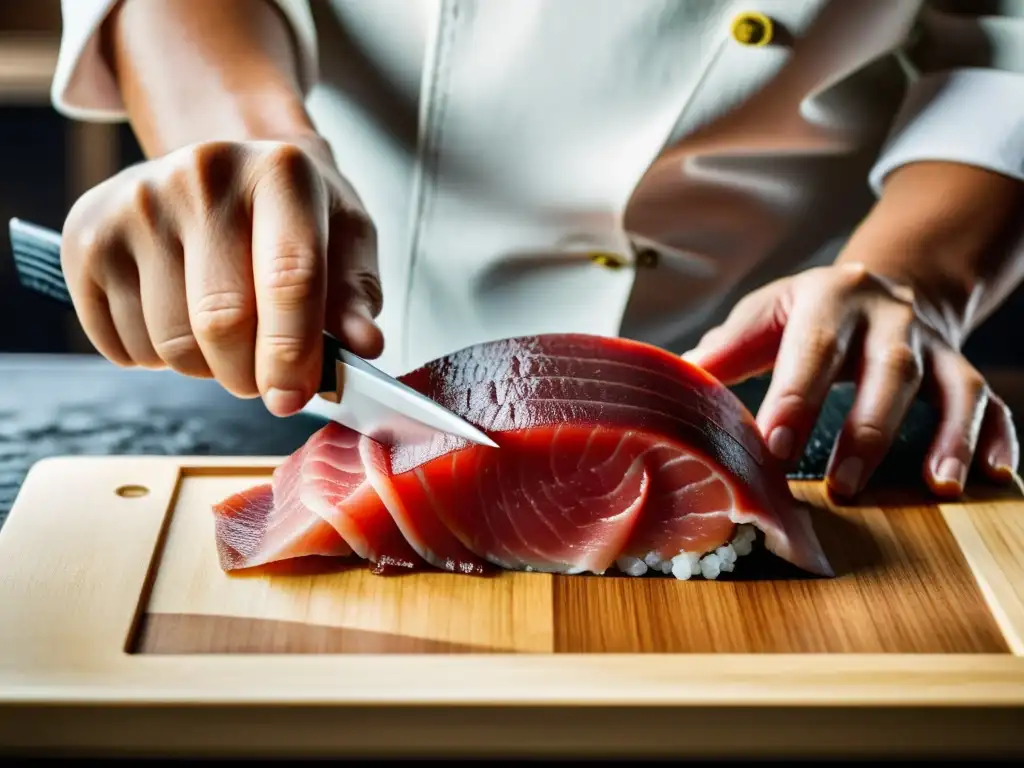 Un maestro sushi corta con precisión un trozo de atún de calidad sashimi, mostrando la textura marmórea del pescado y la destreza del chef