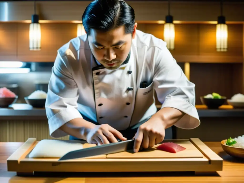 Un maestro sushi japonés corta pescado fresco con precisión, rodeado de ingredientes y utensilios