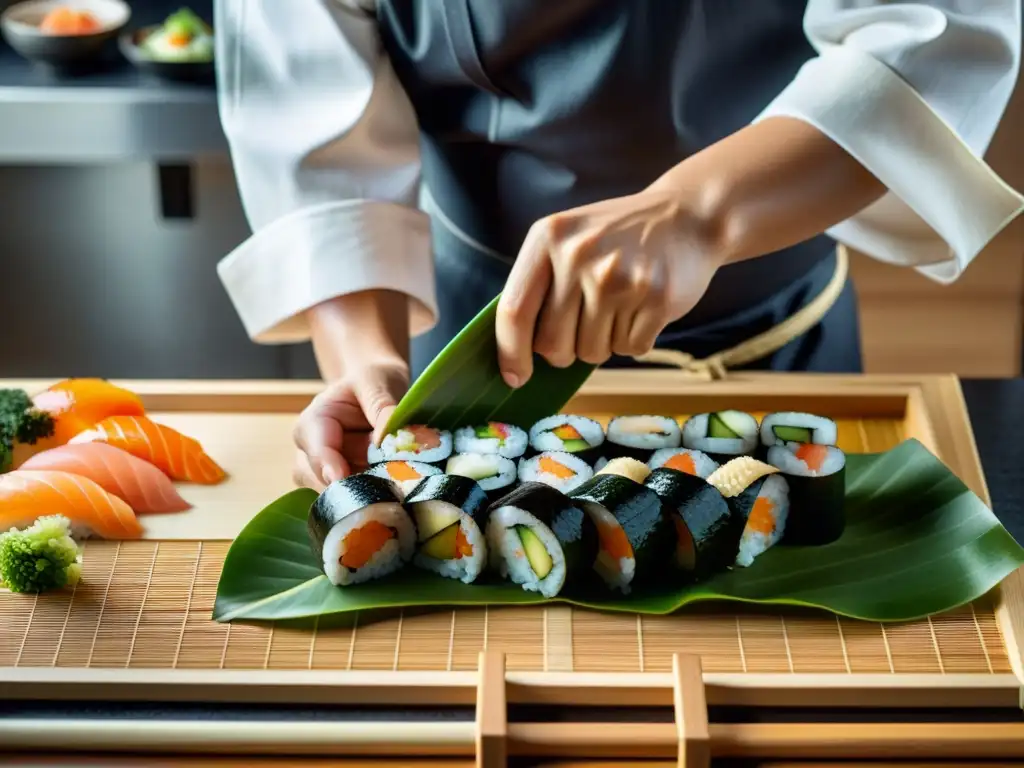 Un maestro sushi japonés crea con meticulosidad un rollo de sushi, inmerso en la ceremonia detrás del sushi