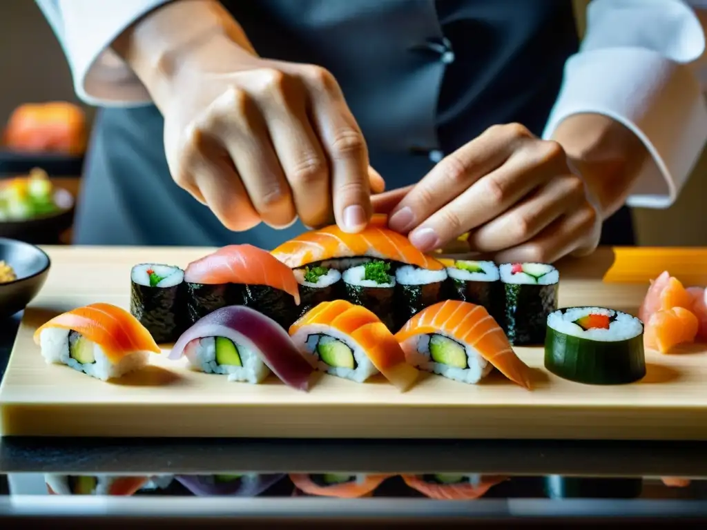 Un maestro sushi prepara con precisión un delicioso sushi