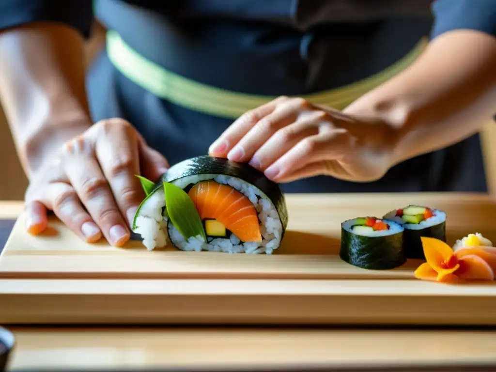 Un maestro del sushi crea con precisión un rollo de sushi, con ingredientes frescos y vibrantes en el fondo