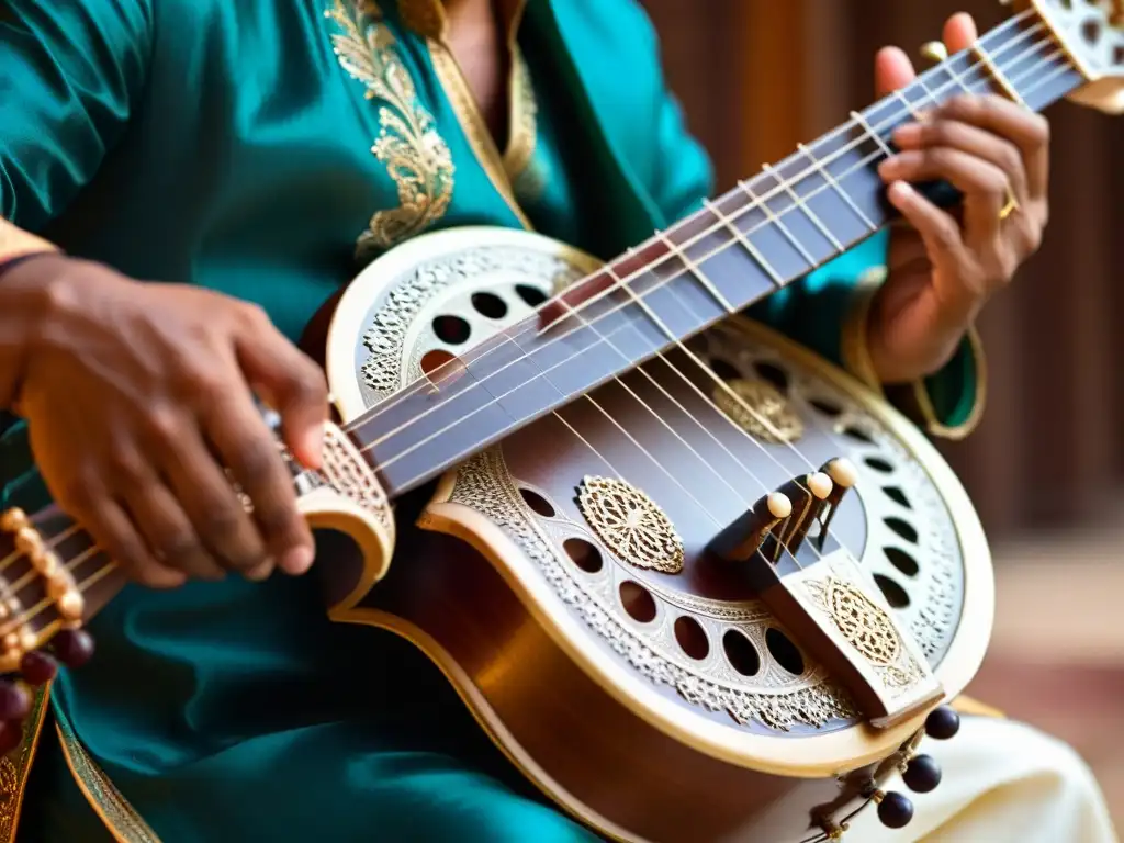 Un maestro viste atuendo tradicional indio y toca con destreza un sitar, un instrumento icónico de la música clásica india
