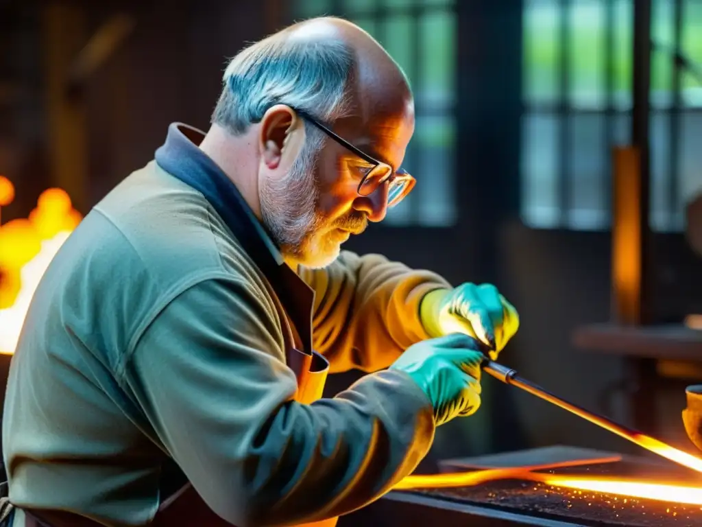 Maestro vidriero moldeando con destreza una escultura de vidrio en su taller artesanal, rodeado de piezas coloridas y herramientas