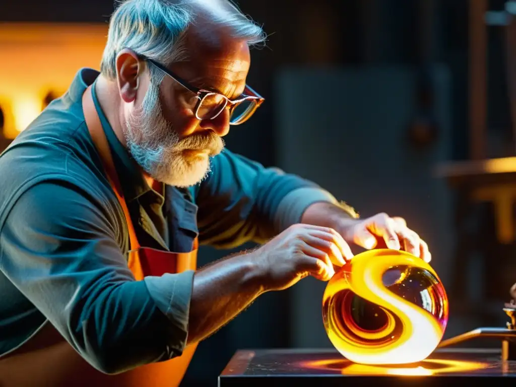 Maestro vidriero moldea con destreza una escultura en vidrio fundido en su estudio atmosférico