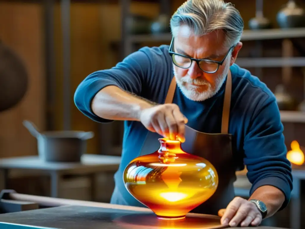 Un maestro vidriero da forma al vidrio fundido, creando una hermosa y vibrante vasija en un entorno industrial