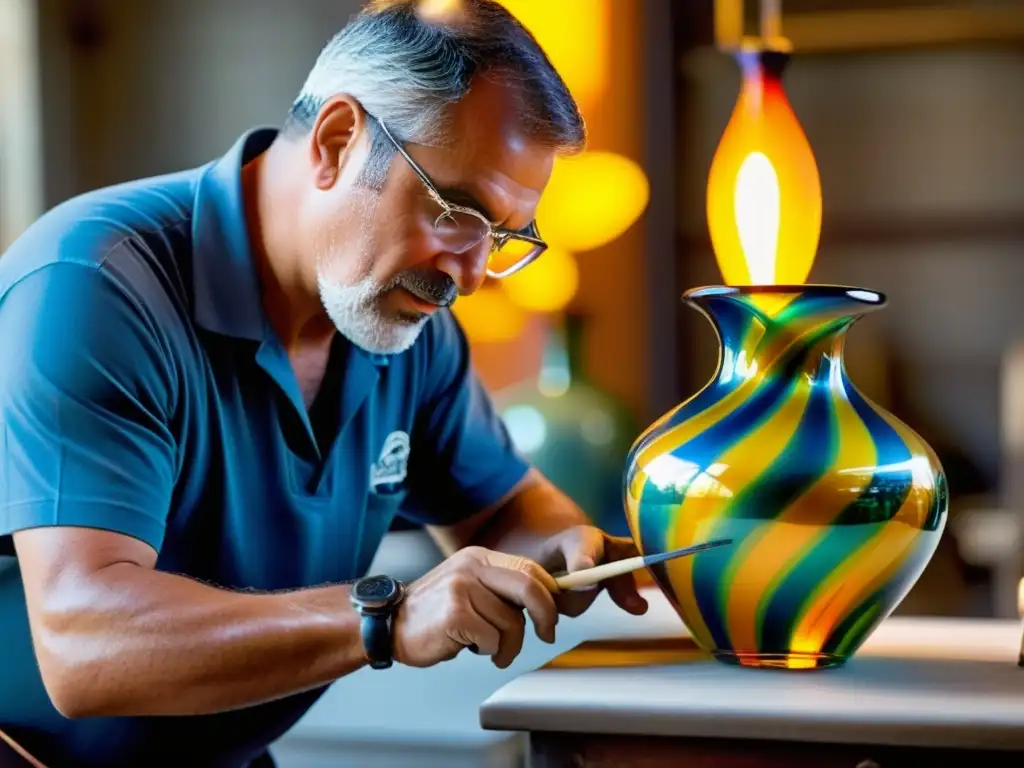 Un maestro vidriero en Murano moldea con destreza un vaso de vidrio, fusionando colores en una demostración hipnótica de arte en vidrio de Murano tradición