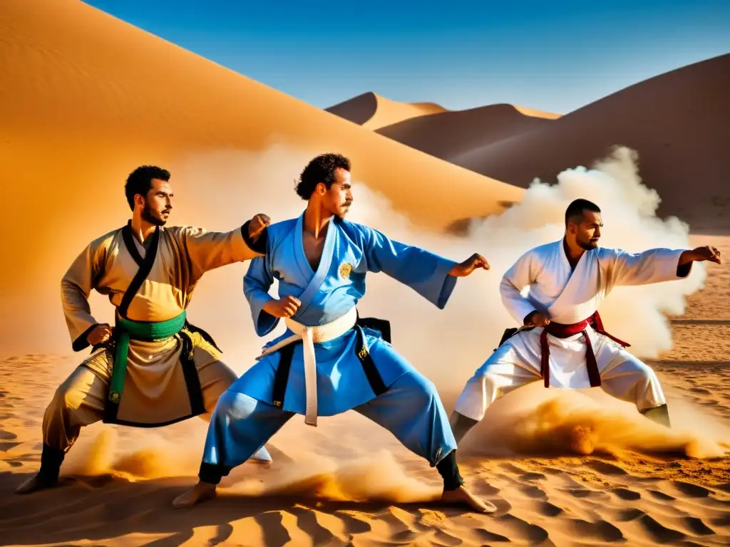 Maestros de artes marciales de la cultura islámica de Libia practicando en un oasis desértico al sol, con movimientos precisos y poderosos