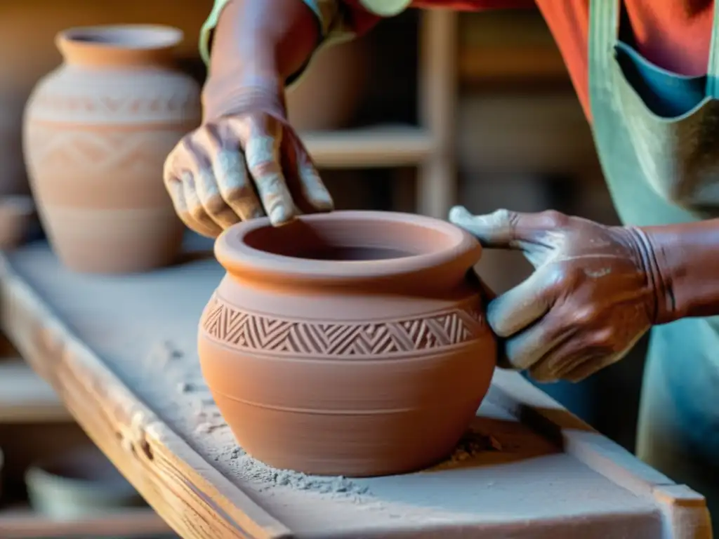 Maestros artistas alfarería nativa americana: Detalle de mano de alfarero moldeando arcilla, resaltando tradición y destreza