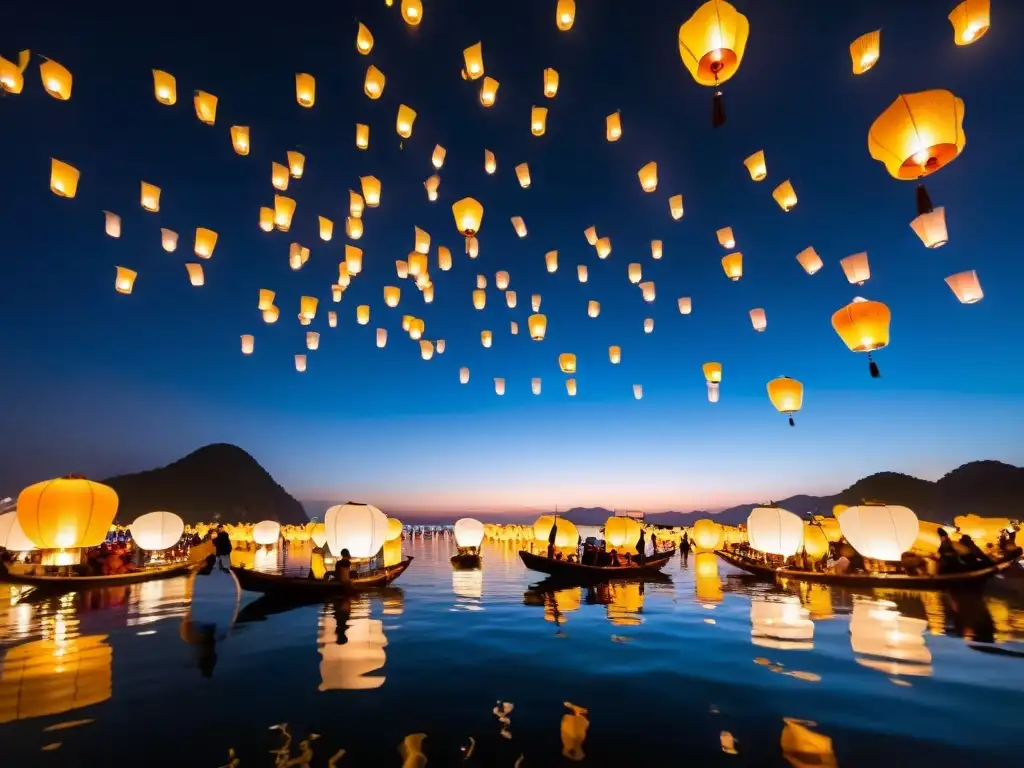 Un mágico Festival de Farolillos de Yi Peng: miles de farolillos iluminan el cielo nocturno, reflejándose en el agua y creando una escena encantadora y cálida bajo las estrellas y la luz de la luna