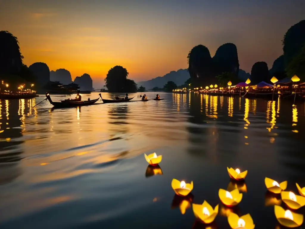 Un mágico festival Loi Krathong en Tailandia, con krathongs flotando en el río iluminados por velas, reflejando una tradición festiva tailandesa