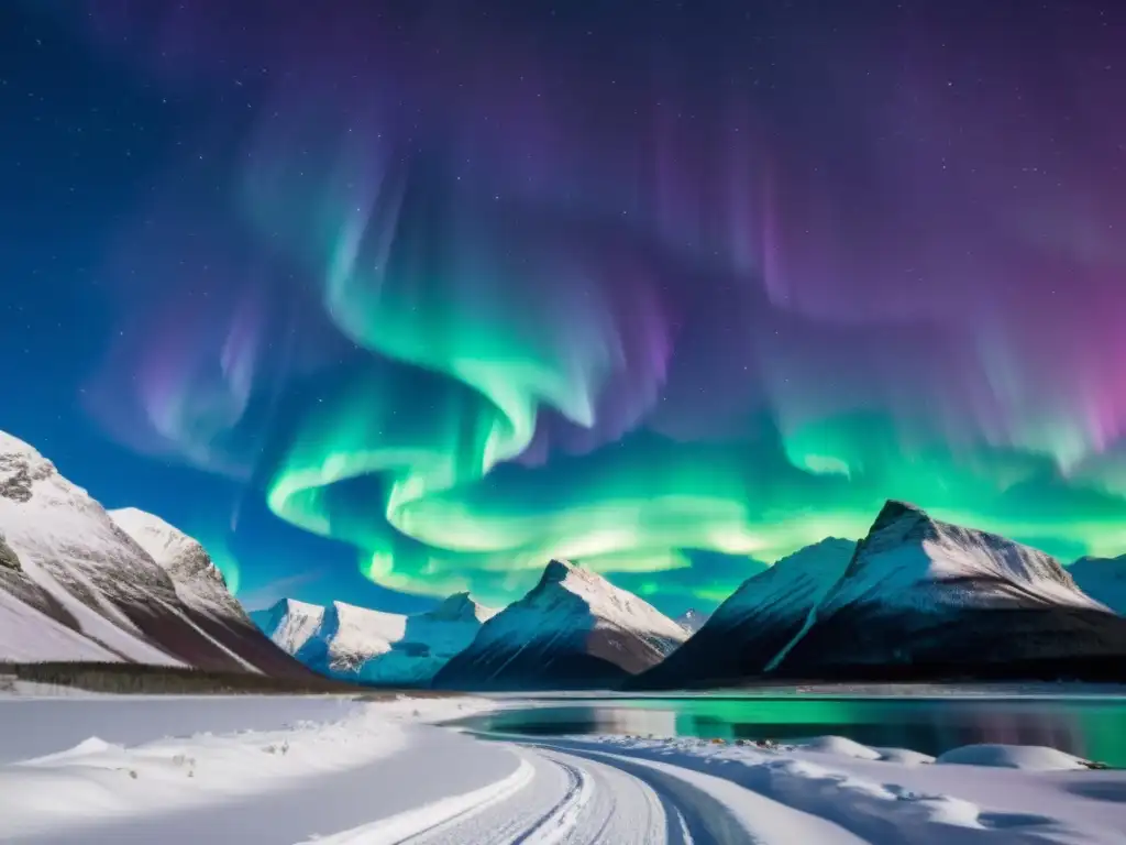 Majestuosa aurora boreal iluminando el paisaje nevado de Escandinavia, evocando los Mitos Nórdicos en Escandinavia