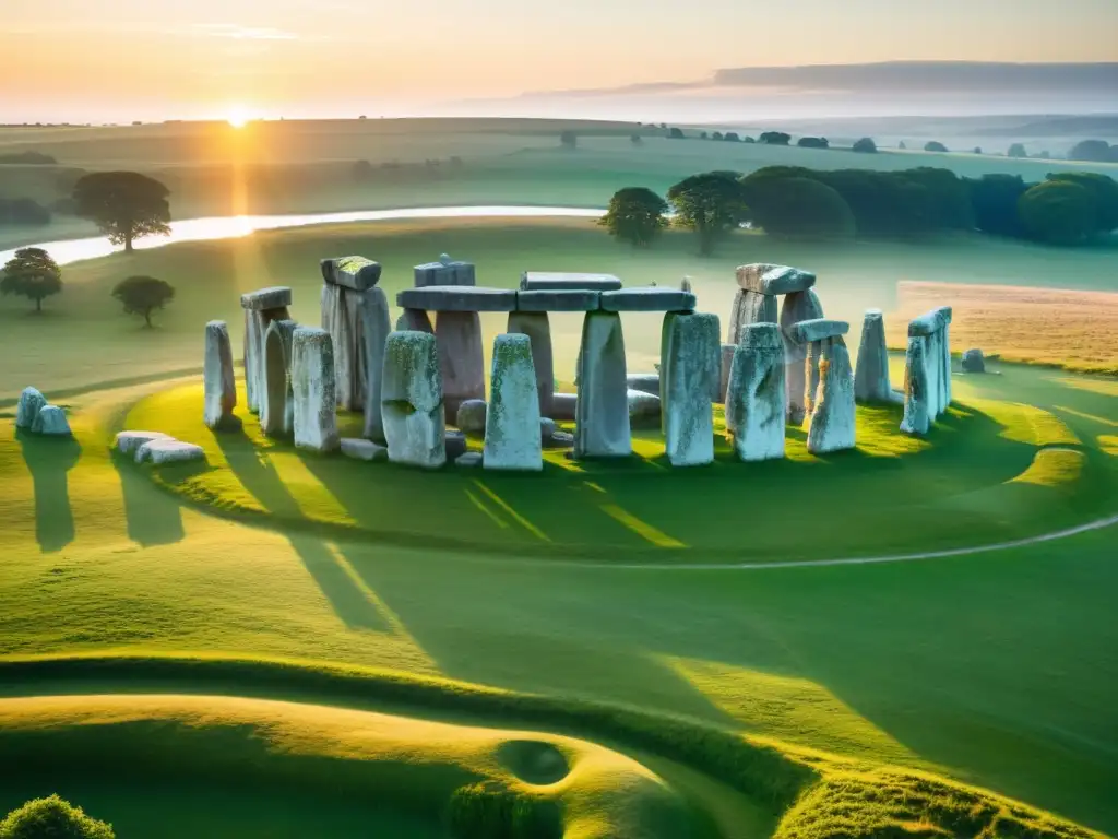 La majestuosa celebración del solsticio de verano en Stonehenge, con la luz dorada del amanecer iluminando las antiguas piedras y la multitud reunida