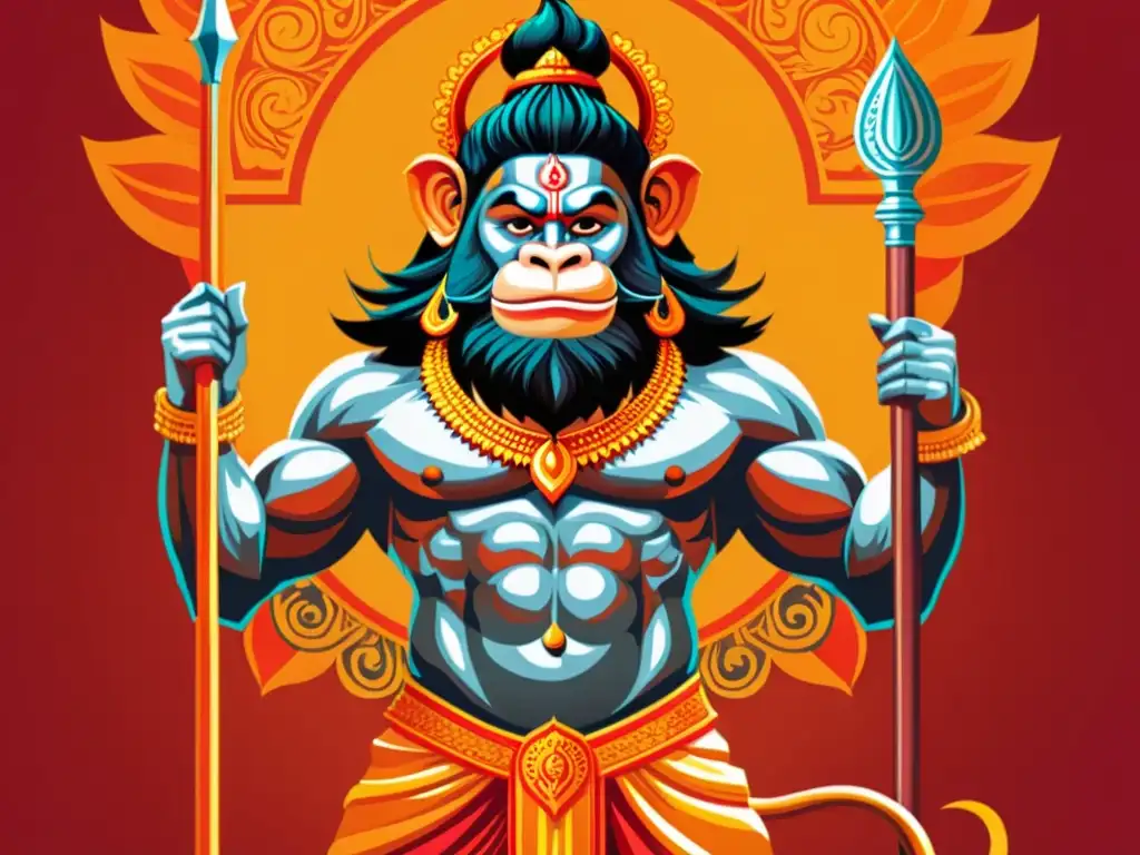 La majestuosa ilustración de Hanuman, el Dios mono, muestra su valor y devoción en un entorno natural épico