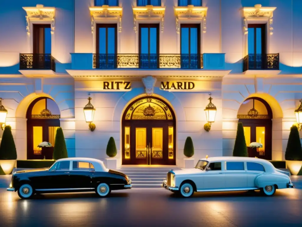 La majestuosa entrada del hotel Ritz Madrid, con su arquitectura histórica y elegante, doormen y vehículos de lujo