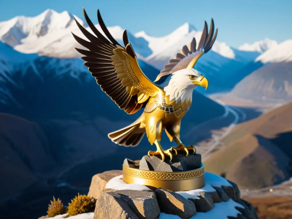 La majestuosa estatua dorada del águila Altái evoca el simbolismo del Águila Dorada Altái, con sus intrincados detalles y mirada penetrante