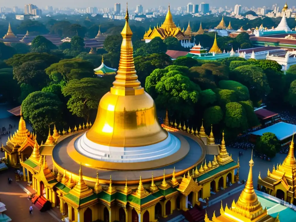 La majestuosa Pagoda Shwedagon en Myanmar, con monjes y visitantes, bañada en la cálida luz del atardecer