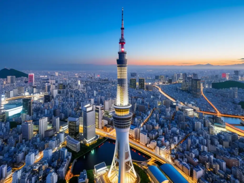 La majestuosa Torre Skytree de Tokio iluminada por la noche, fusionando arquitectura moderna y la rica mitología japonesa