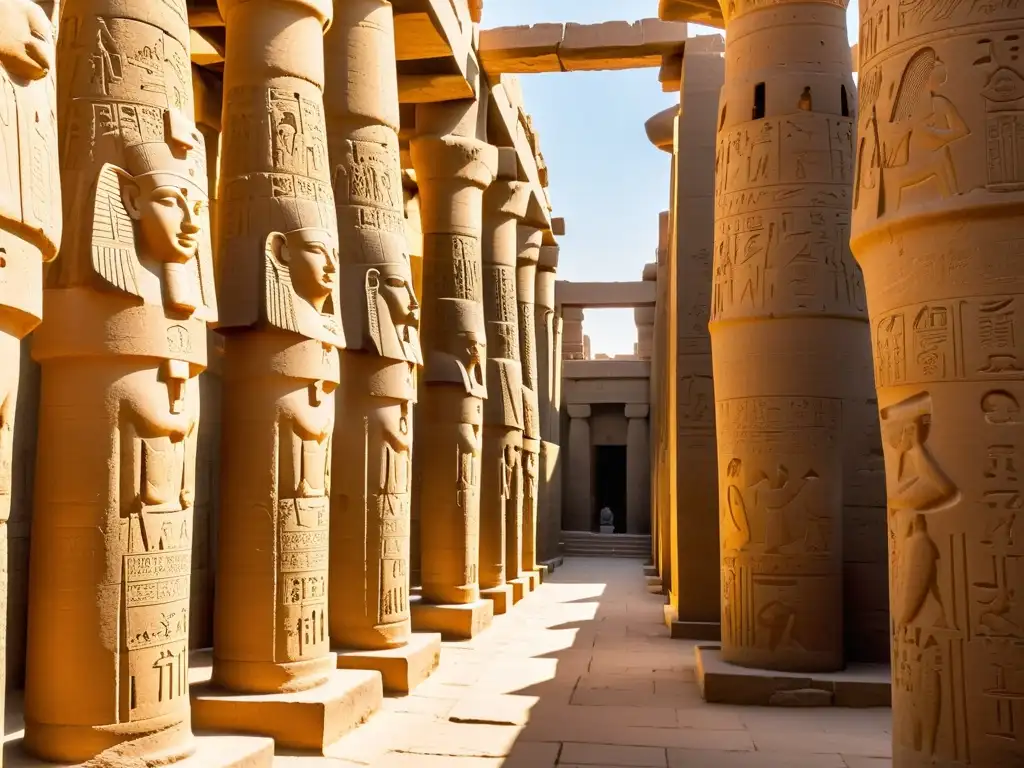 Explorando la majestuosidad del Templo de Karnak en Luxor, Egipto, con intrincadas columnas y jeroglíficos iluminados por la cálida luz solar