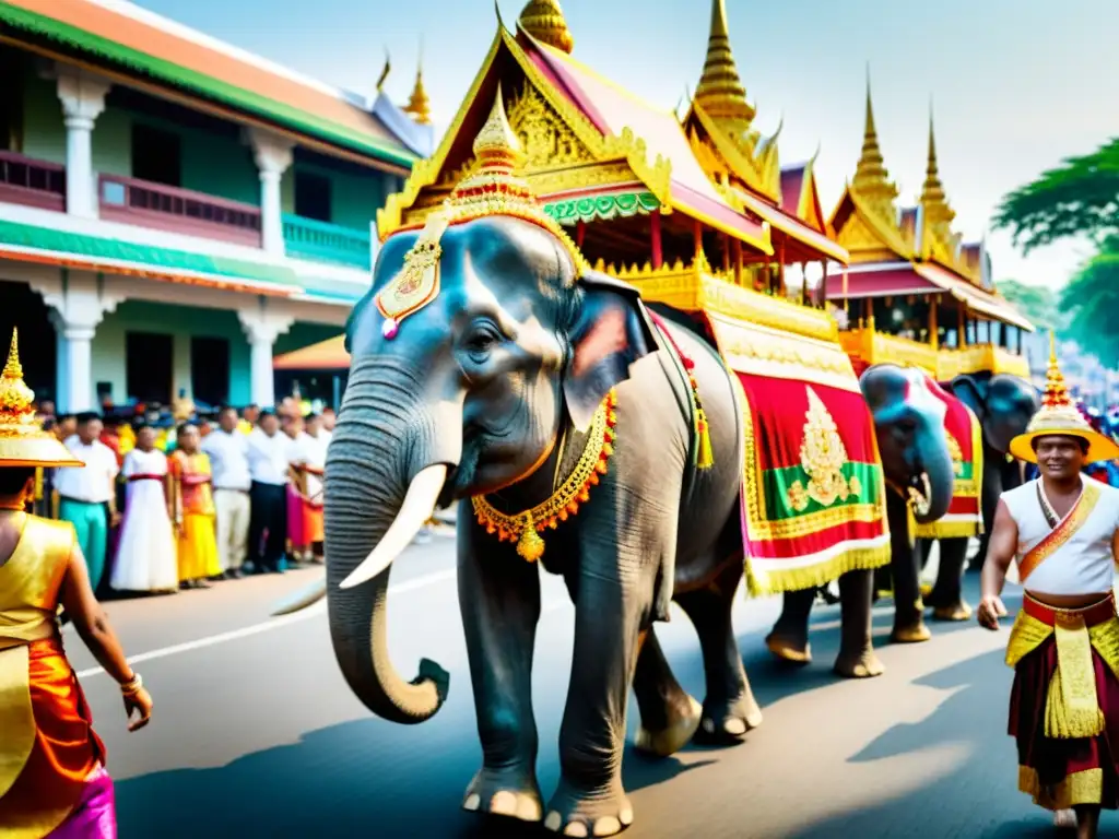 Majestuoso desfile de elefantes adornados en el Festival Surin Tailandia, con danzas y músicos tailandeses