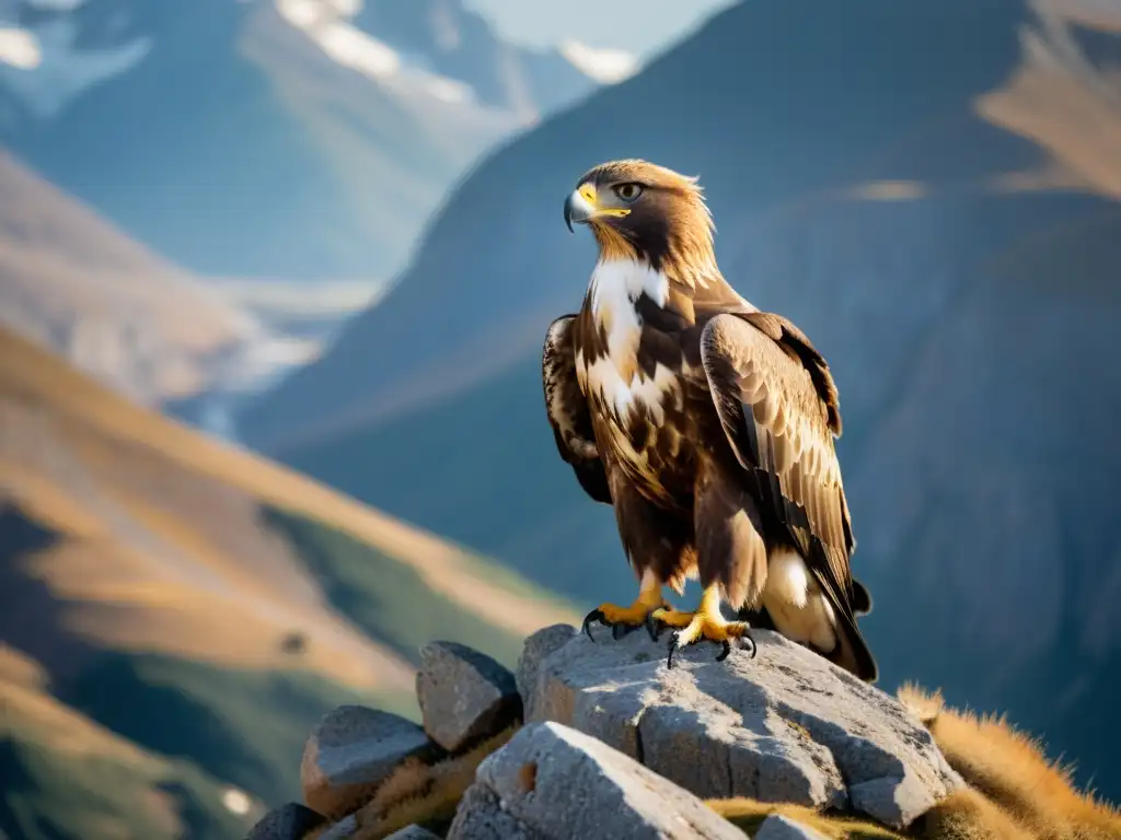 Un majestuoso águila dorada se prepara para alzar el vuelo en las imponentes montañas del Altái, simbolismo del Águila Dorada Altái