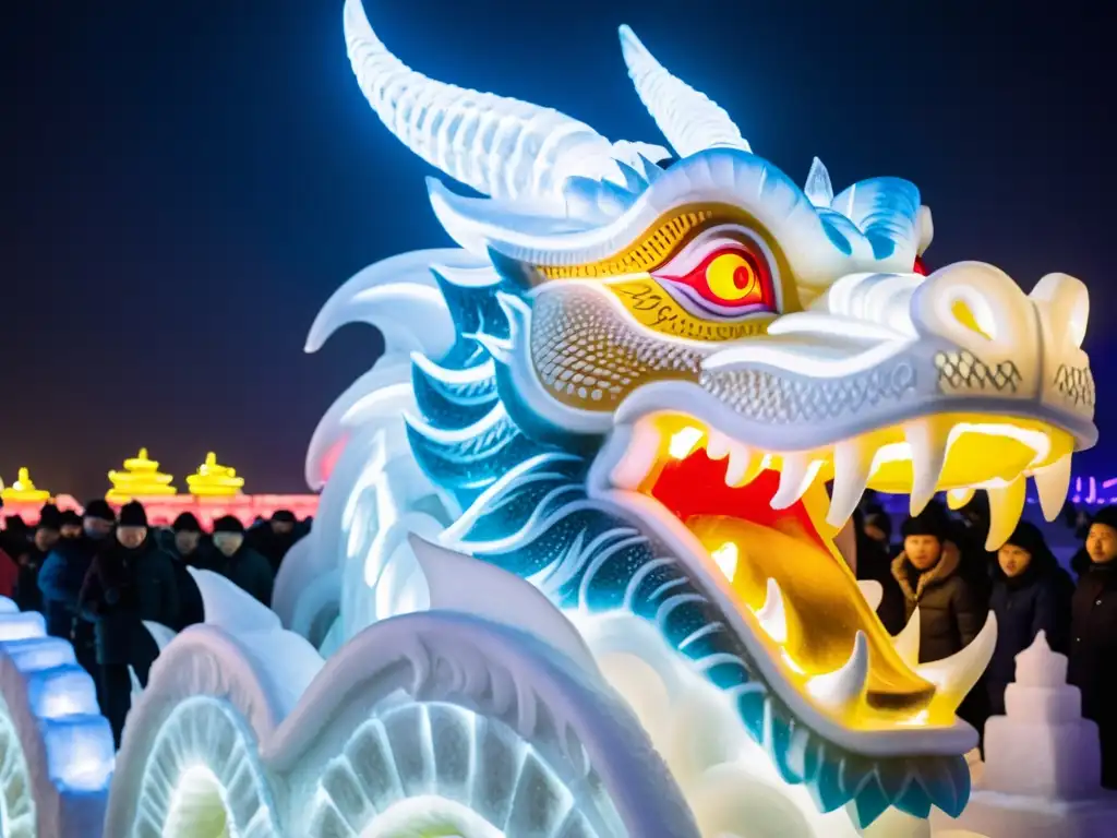 Un majestuoso dragón de hielo en el Festival de Hielo y Nieve de Harbin, China, iluminado con luces coloridas