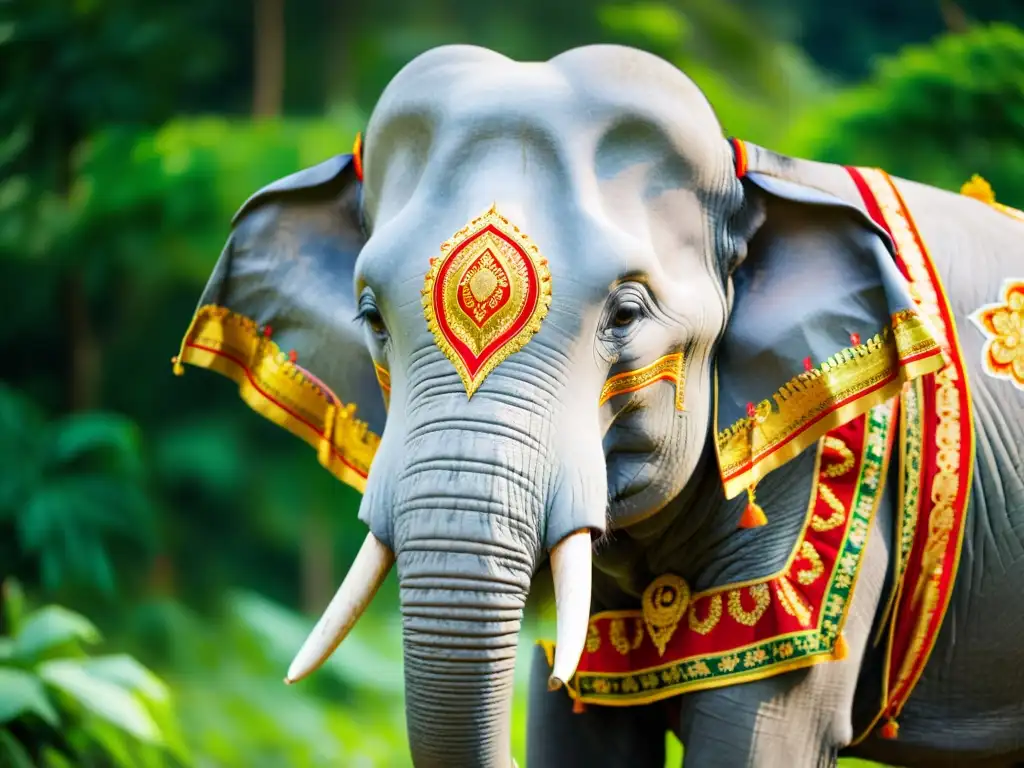 Un majestuoso elefante adornado con textiles tailandeses en el Festival Surin Tailandia elefantes, rodeado de exuberante jungla y locales