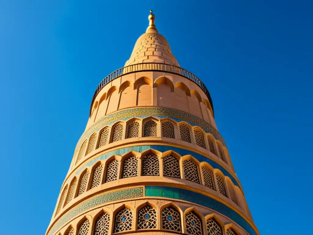 Un majestuoso minarete islámico se alza contra el cielo azul, mostrando su significado y simbolismo en cada detalle