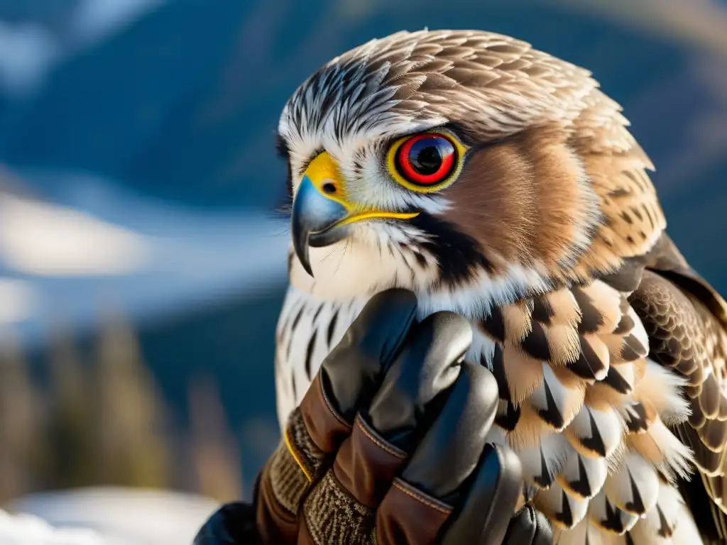 Un majestuoso halcón siberiano en la cetrería, con simbolismo de culturas siberianas, capturado en detalle exquisito