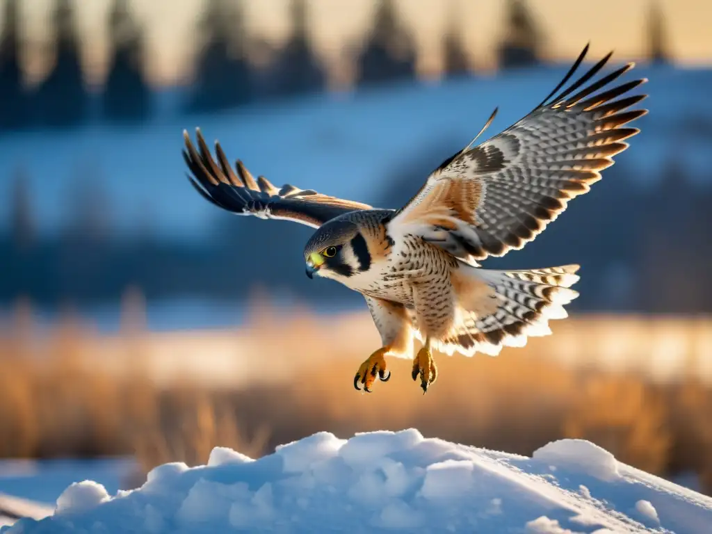 Majestuoso halcón siberiano en vuelo, con plumaje detallado y ojos fijos en su presa