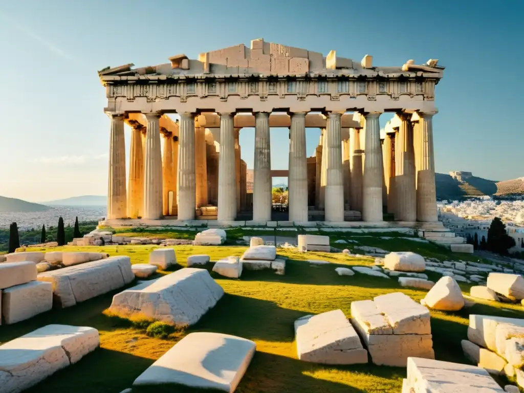 El majestuoso Templo del Partenón en la Acrópolis de Atenas, bañado por la cálida luz del sol