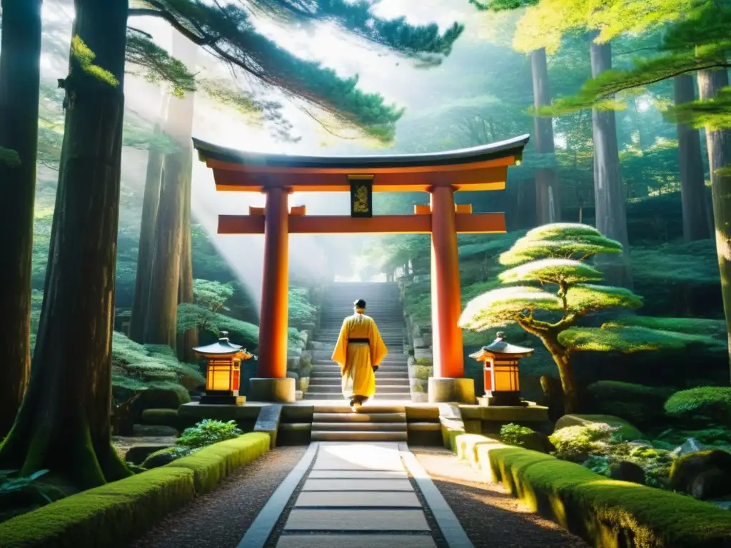 Un majestuoso torii en un bosque cubierto de musgo, con un sacerdote Shinto barriendo el camino