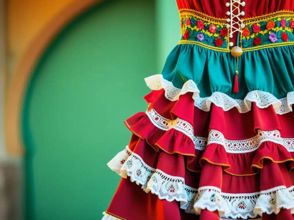 Un majestuoso traje de flamenca cobra vida en la imagen, destacando su riqueza de detalles y la pasión de su elaboración artesanal