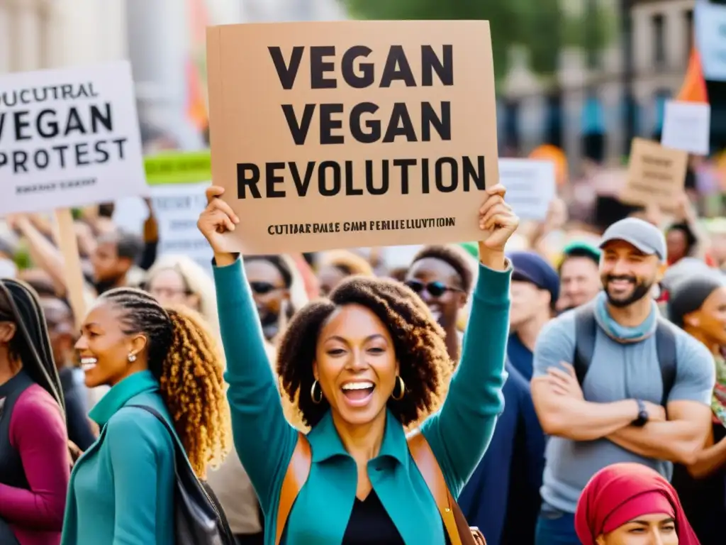 Manifestación vegana pacífica con diversidad cultural y 'Orígenes culturales revolución vegana'