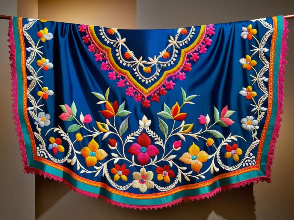 Un Mantón de Manila bordado a mano se exhibe en un museo, resplandeciendo en colores vibrantes y patrones florales