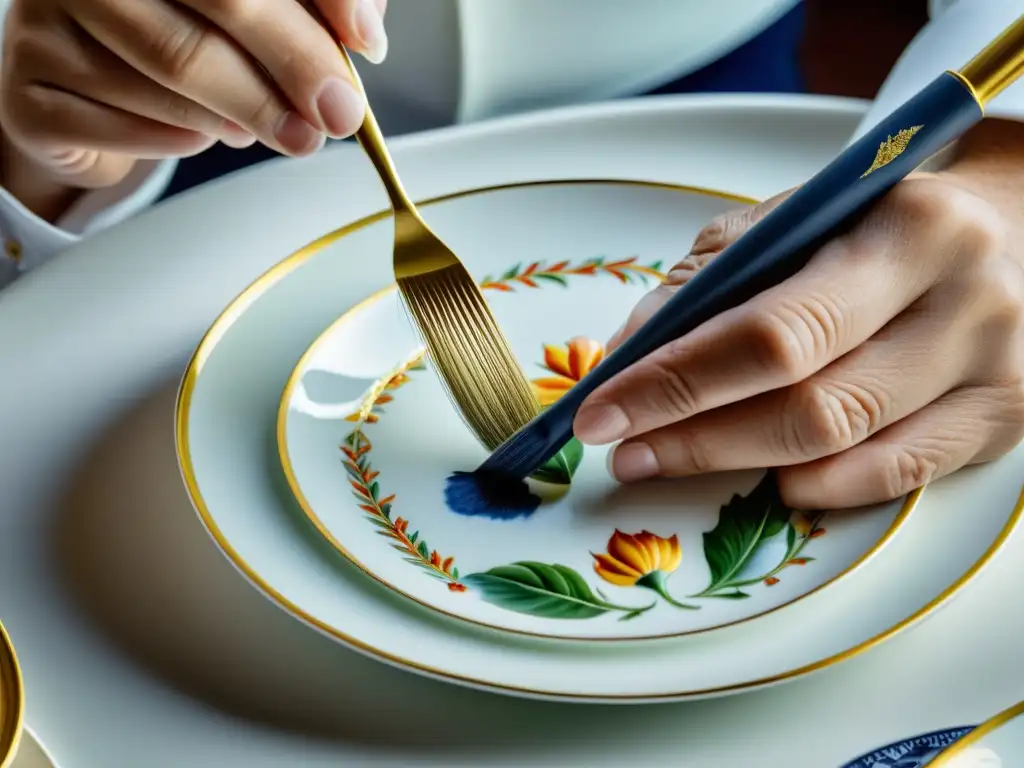 Manos de artesano pintando delicados diseños en una porcelana de Limoges: Tradición artesanal francesa, destacando su precisión y belleza atemporal