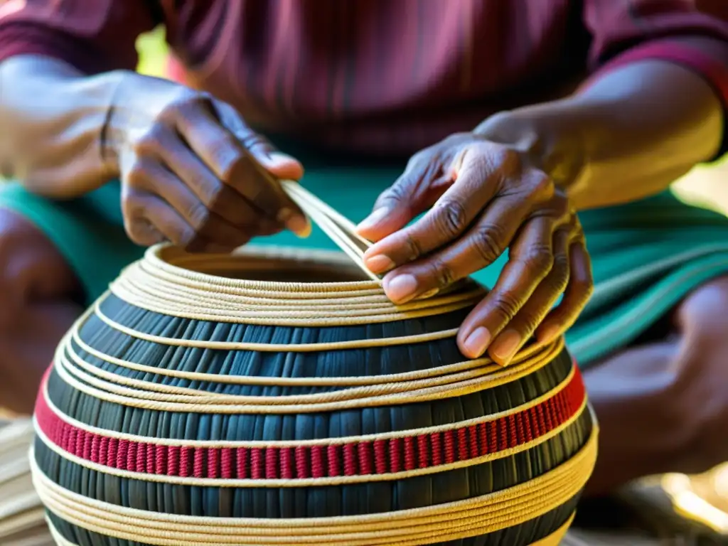 Las manos de un artesano indígena tejiendo una cesta, mostrando resistencia cultural a través de la cestería indígena