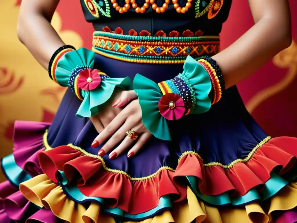 Las manos de una bailaora de flamenco adornadas con accesorios vibrantes y detallados, destacando la influencia internacional de la moda flamenca