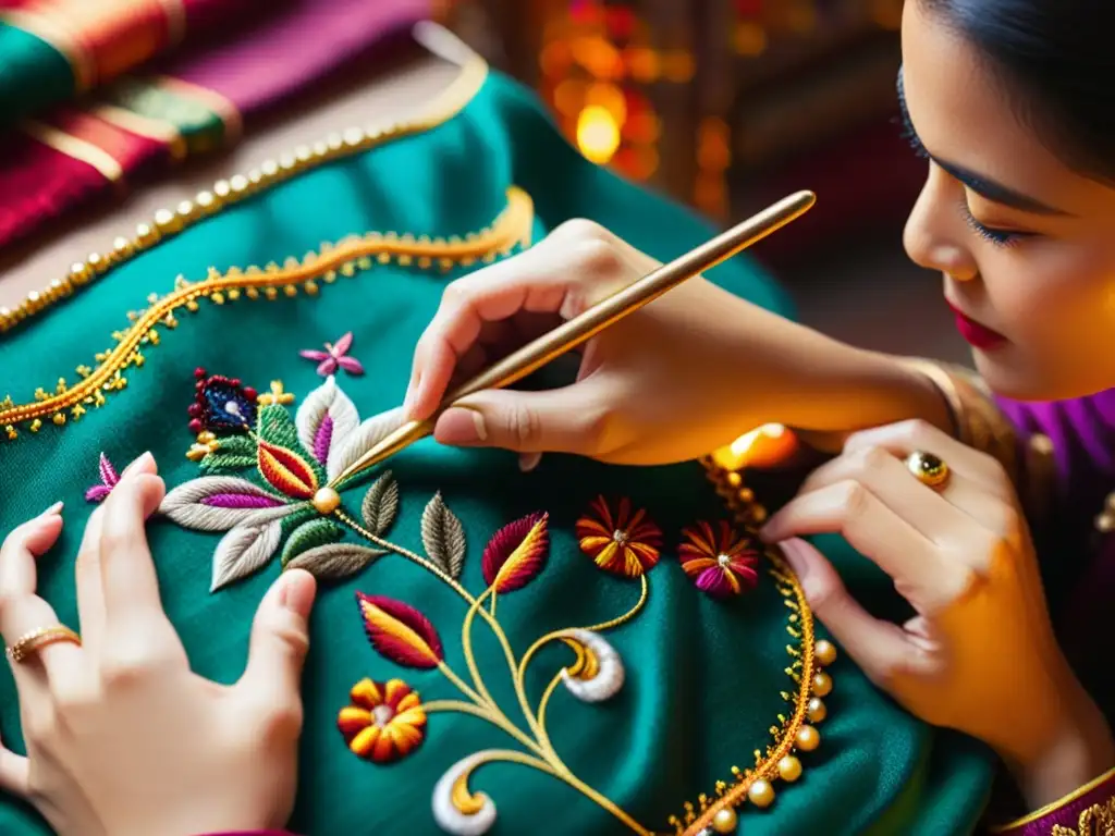 Unas manos diestras bordando con delicadeza una colorida y detallada pieza en un taller atmosférico, destacando la técnica antigua de bordado en danza