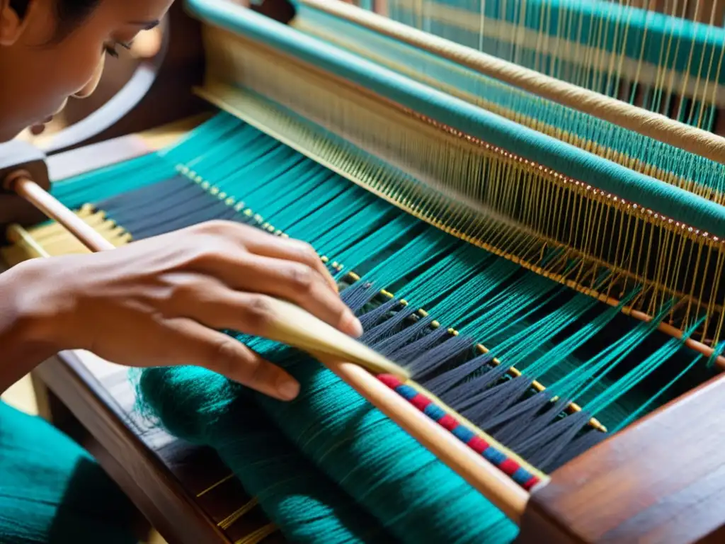 Manos expertas tejiendo artesanías textiles del Pacífico, celebrando la cultura con meticulosa artesanía y texturas vibrantes