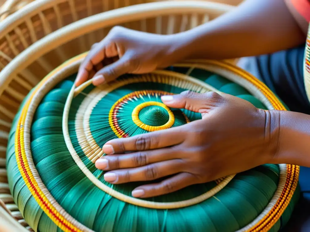 Manos expertas de un artesano indígena tejen con destreza fibras naturales para crear cestería tradicional